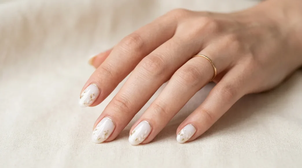 Woman's hand showing variety of nail art designs and manicure styles in elegant studio lighting