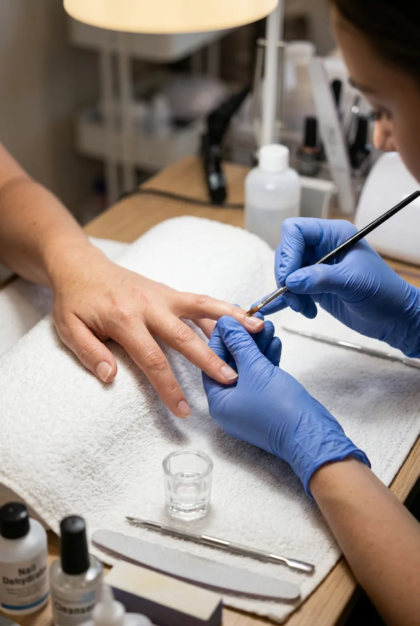 Detailed shot of nail preparation with acetone cleaning before polish application on short natural nails
