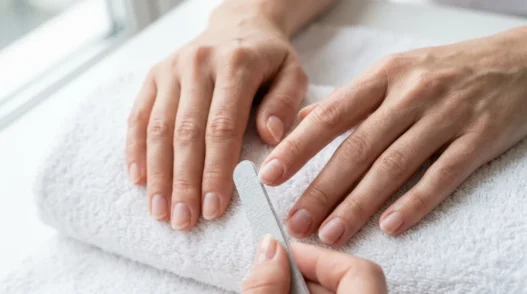 Hands resting on white surface with nails being shaped using a fine-grit nail file, cuticles pushed back and nails bare