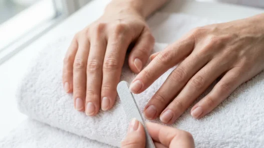 Hands resting on white surface with nails being shaped using a fine-grit nail file, cuticles pushed back and nails bare