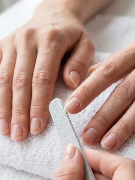 Hands resting on white surface with nails being shaped using a fine-grit nail file, cuticles pushed back and nails bare