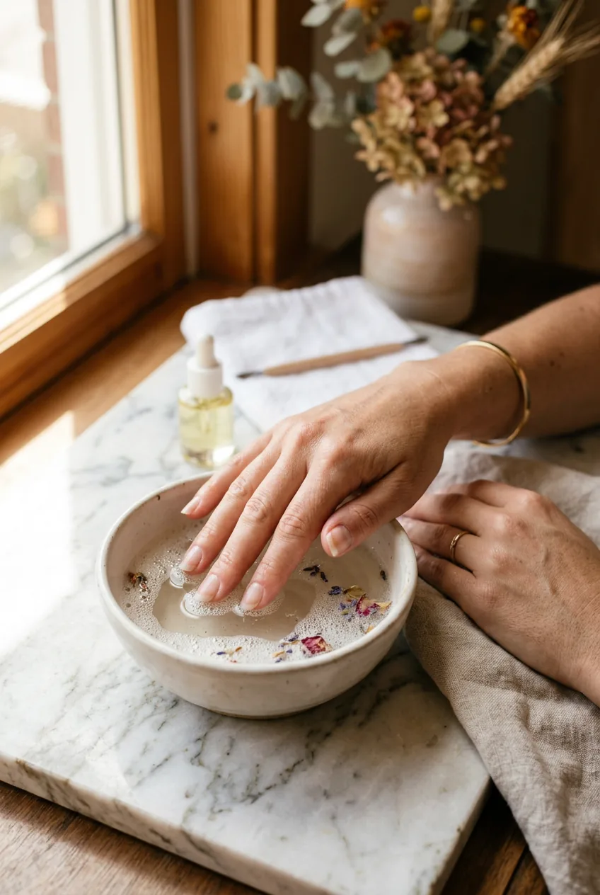 Woman's fingertips soaking in warm water in a small bowl on a marble surface preparing for autumn manicure