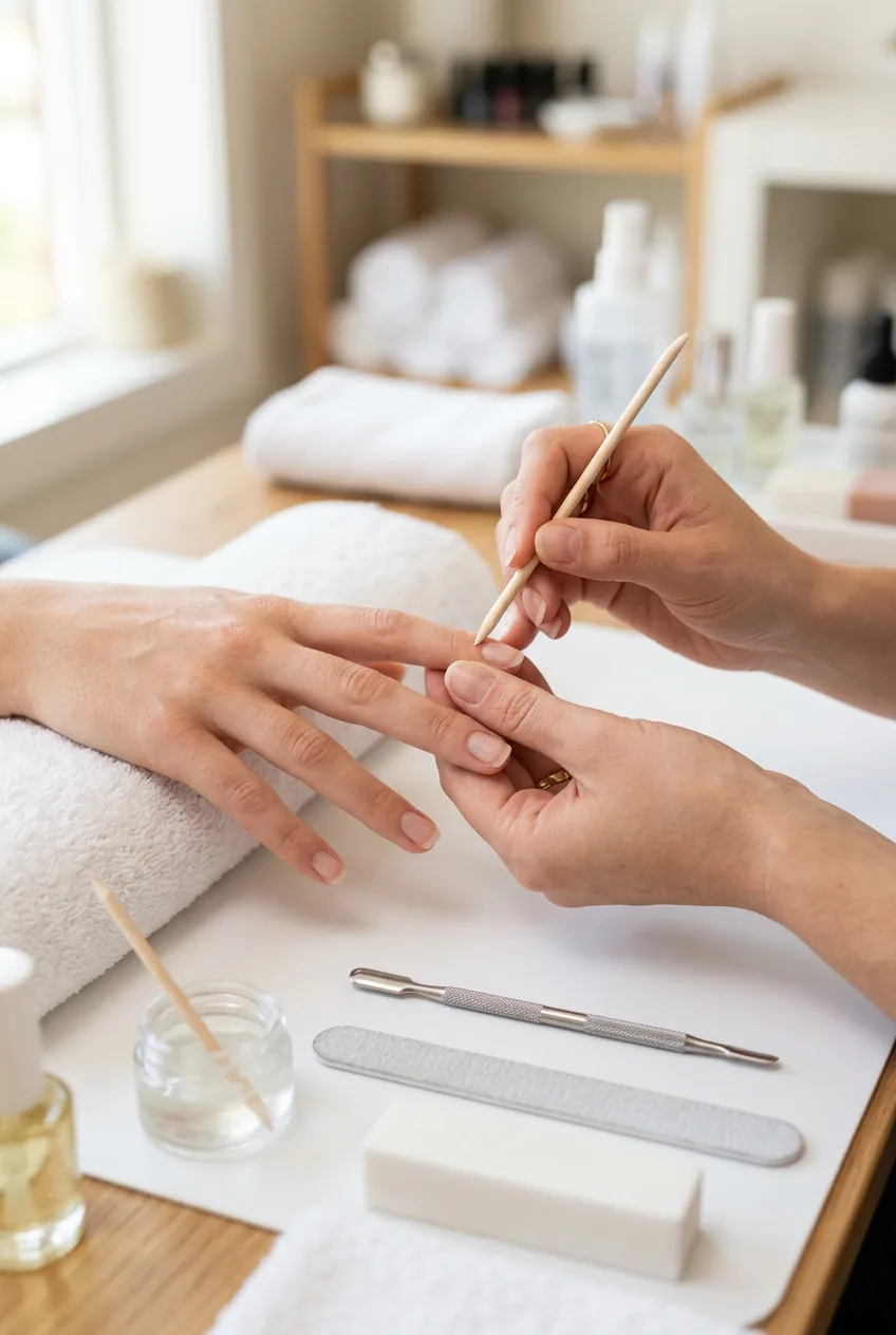 Nail preparation process showing cuticle care and filing technique with professional tools