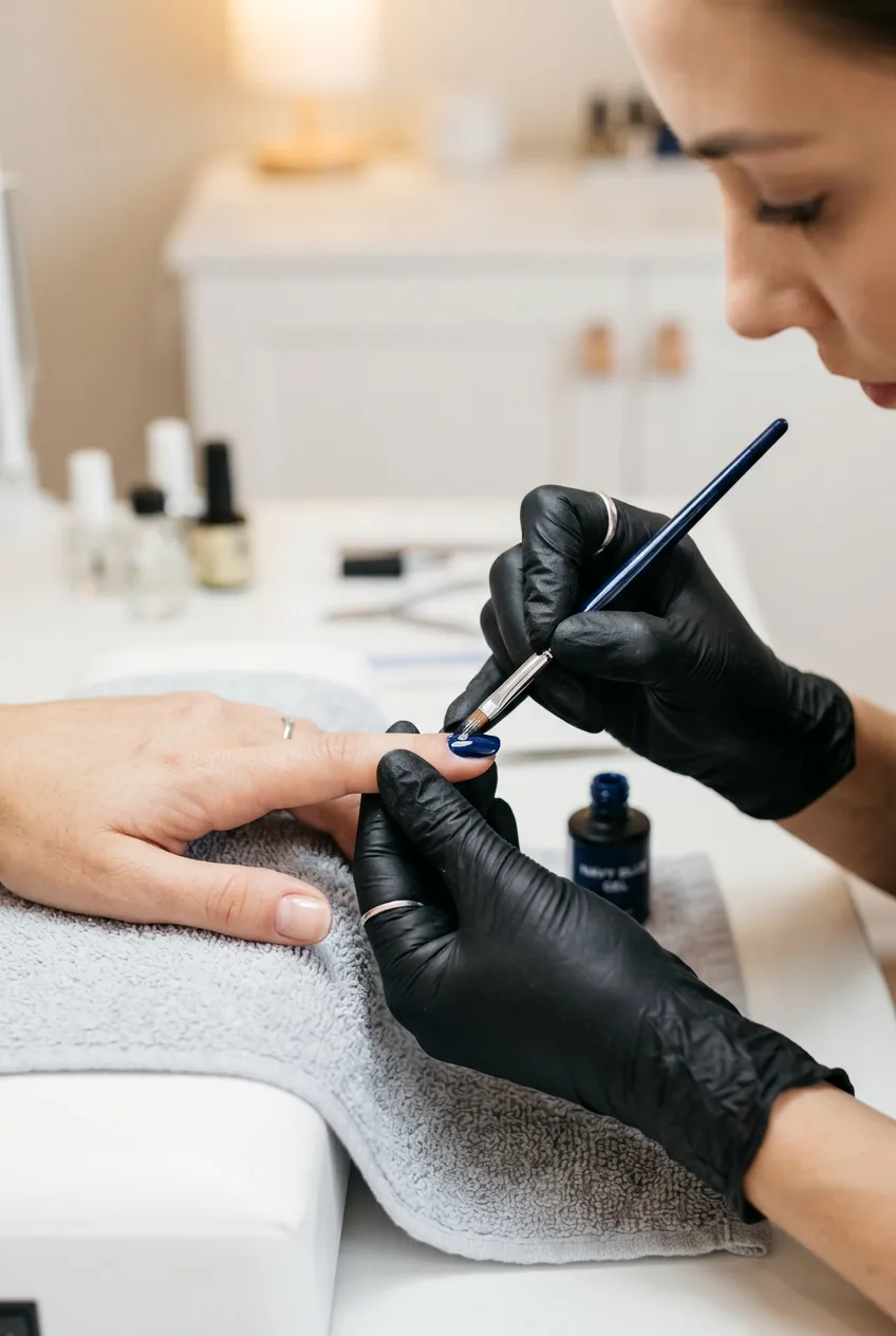 Nail technician carefully applying navy blue gel polish to a client's nail at a salon station