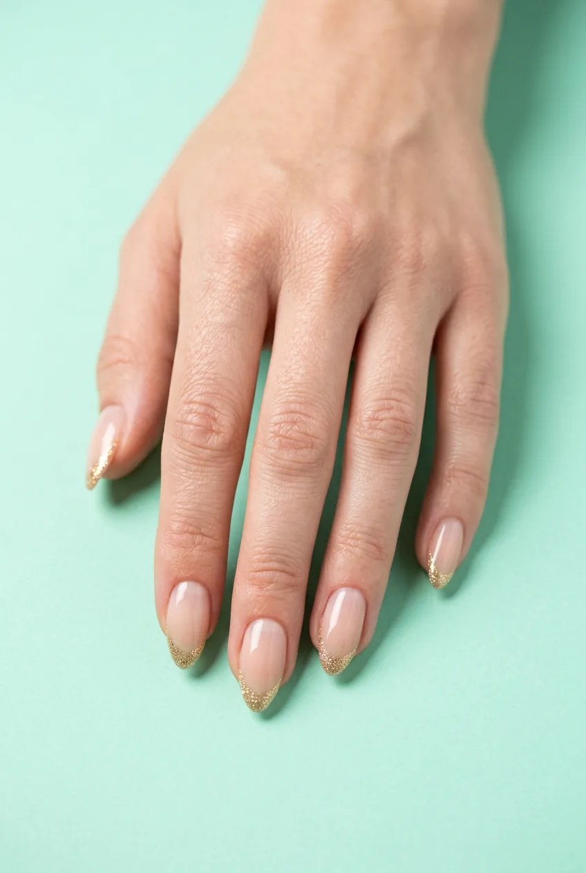 Medium almond nails with sheer naked base and fine-grain gold glitter at the tips on a mint paper backdrop