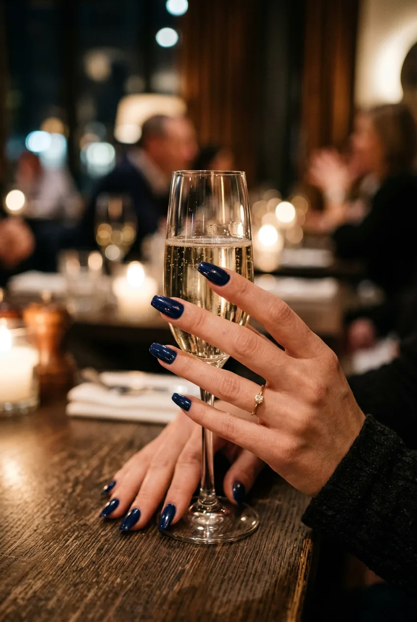 Woman's hand with navy blue coffin nails holding a champagne flute against warm bokeh candlelight background