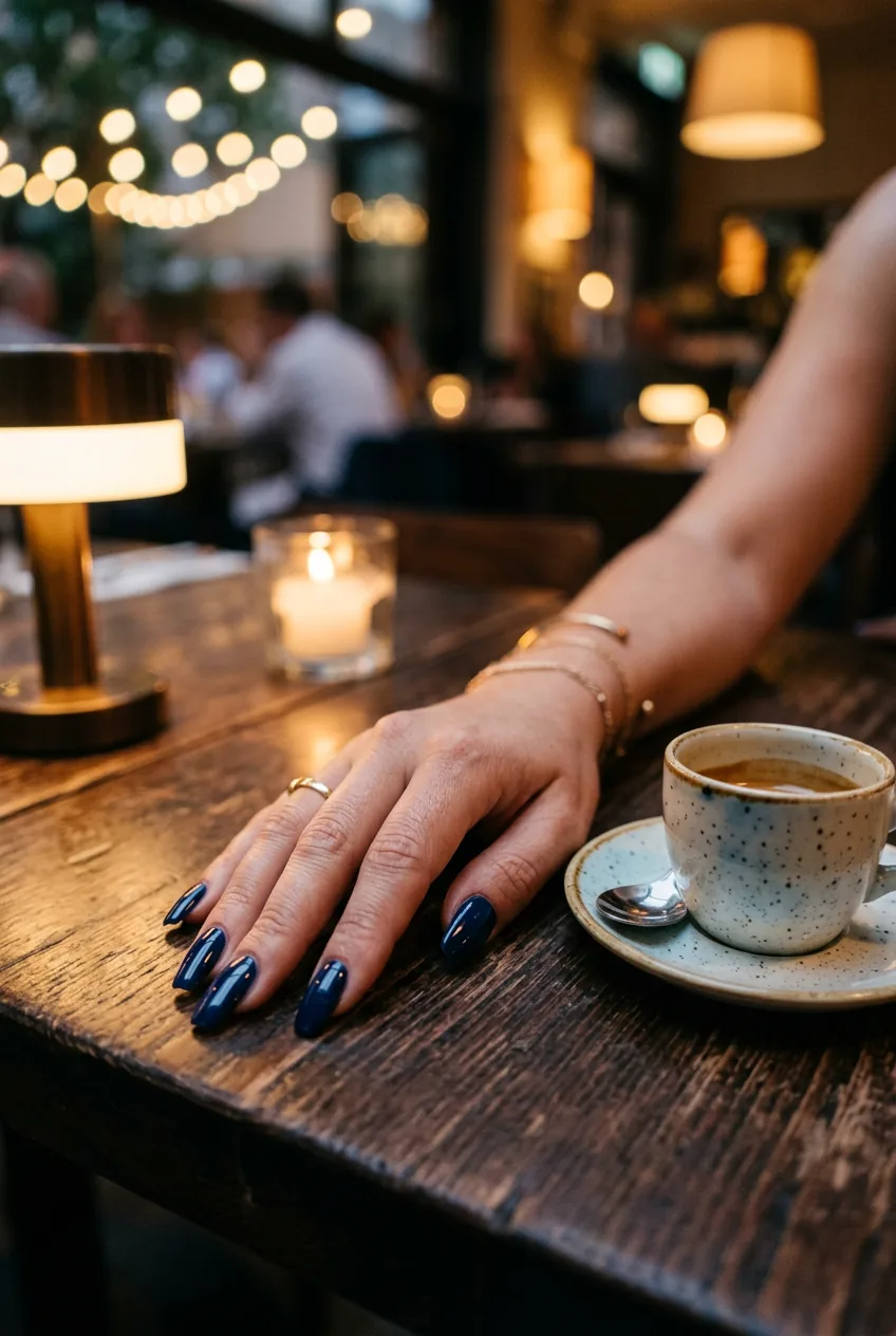 Woman's hand with long glossy navy blue nails resting beside an espresso cup on a dark restaurant table