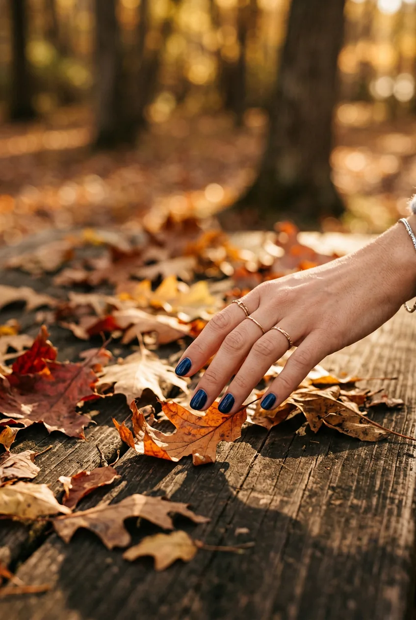 Close-up of a hand with deep navy blue nails reaching toward autumn leaves on a wooden surface in golden light