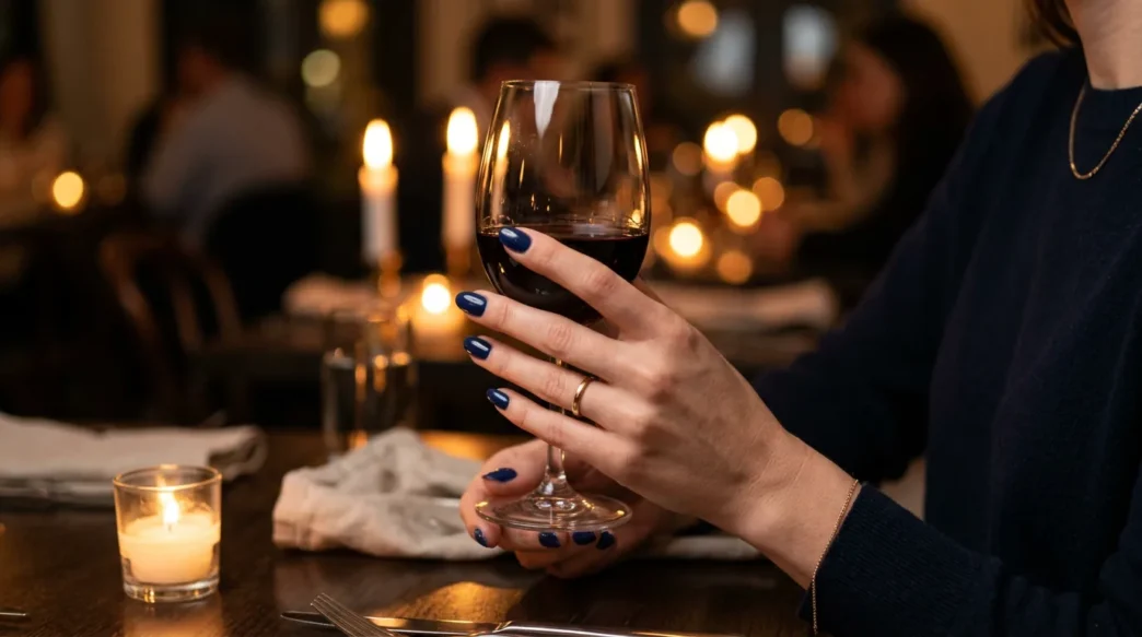 Manicured hand with navy blue gel nails holding a glass of red wine at a candlelit dinner table