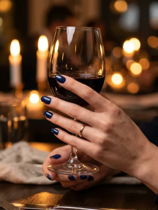 Manicured hand with navy blue gel nails holding a glass of red wine at a candlelit dinner table