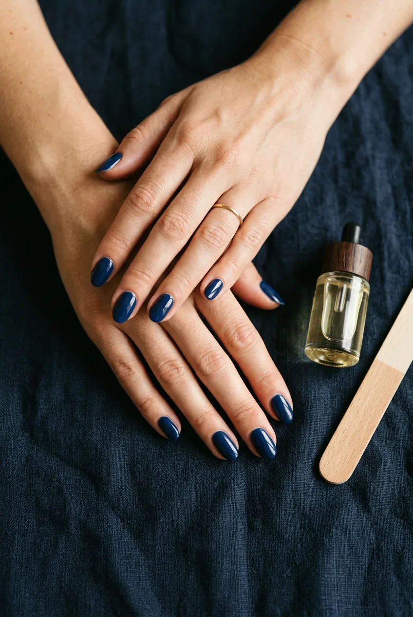 Overhead view of two hands with navy oval nails on dark linen beside cuticle oil and nail file