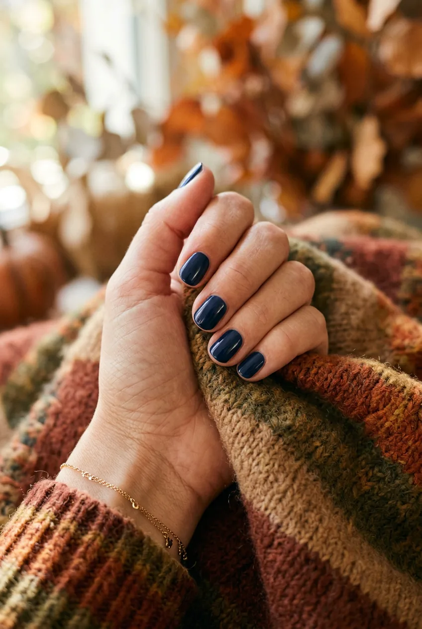 Close-up of woman's hand with navy blue short round nails resting on a warm-toned cashmere sweater