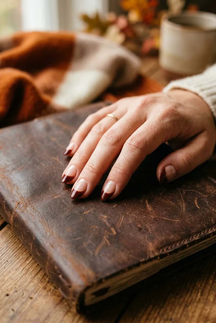 Woman's hand on a leather journal showing negative-space French manicure with deep mahogany tips and bare cuticle base strip