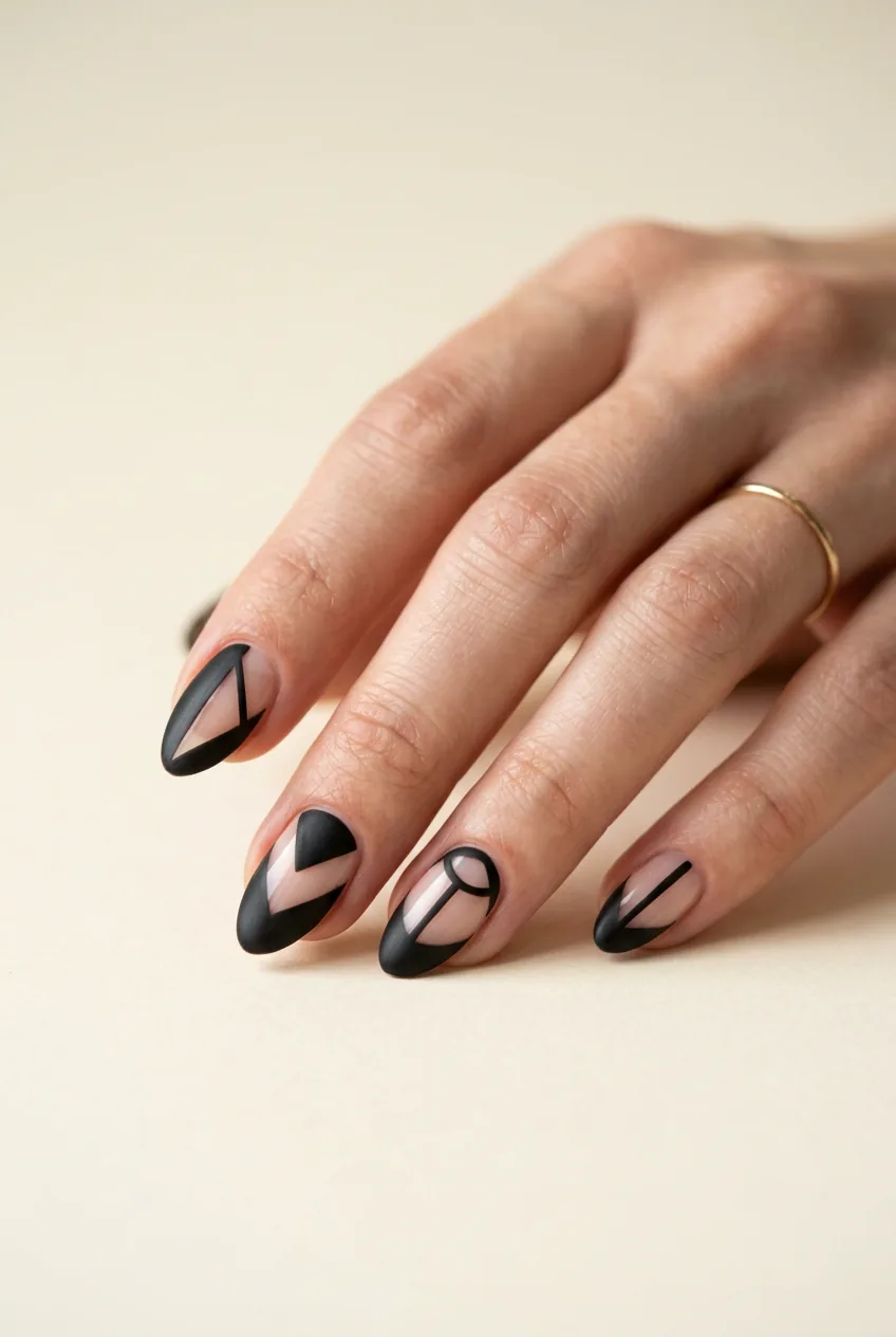 Woman's hand with nails featuring negative space design showing geometric cutouts revealing natural nail underneath