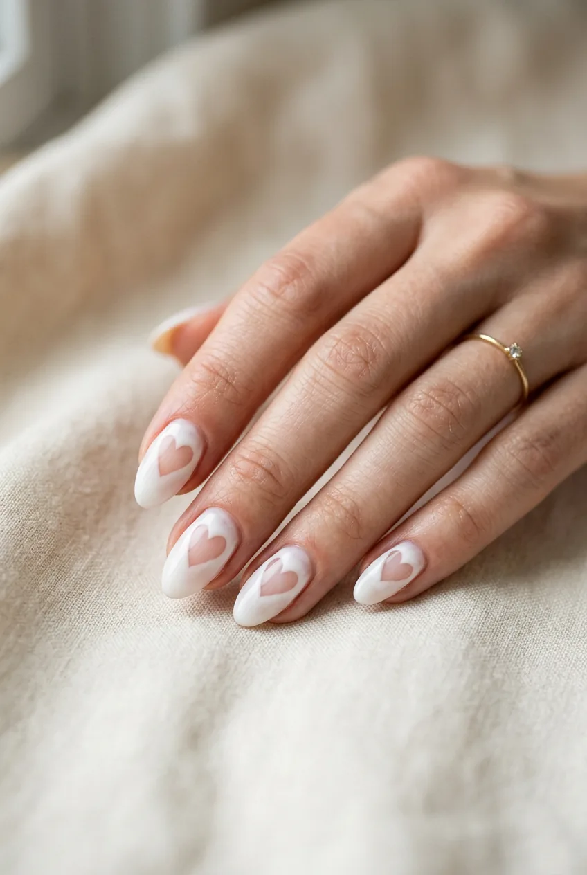 Woman's hand showing negative-space heart outline design with bare nail heart shapes and soft blurred edges