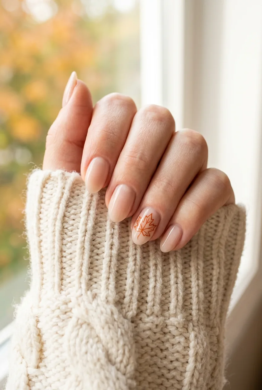Close-up of manicured hand with negative space nude nails featuring rust-orange maple leaf outline on ring finger against cream knit
