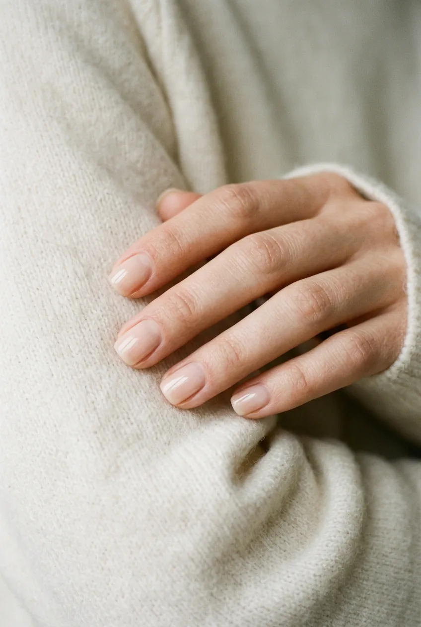 Barely-there nude nails with natural finish against soft cashmere sweater background
