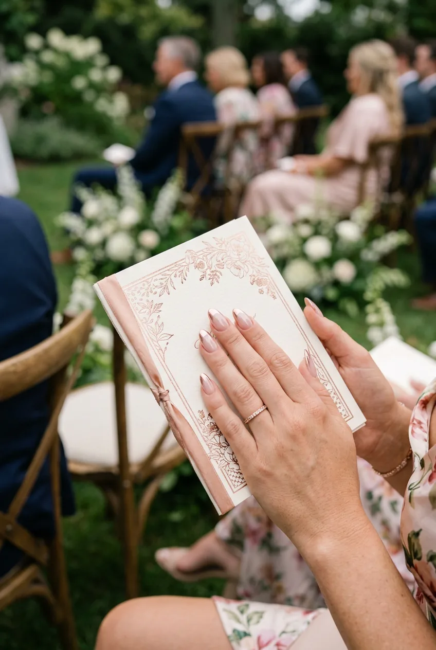 Wedding guest hands with nude nails and rose gold chrome tips holding ceremony program outdoors