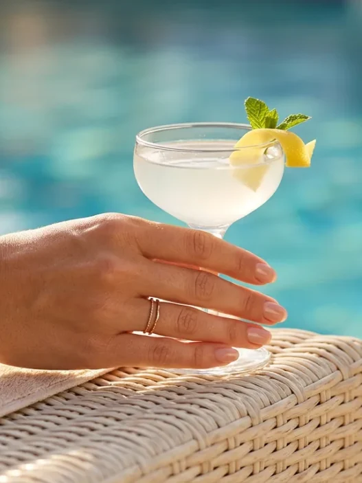Close-up of a hand with nude blush nails holding a cocktail glass with citrus on a sunny pool deck