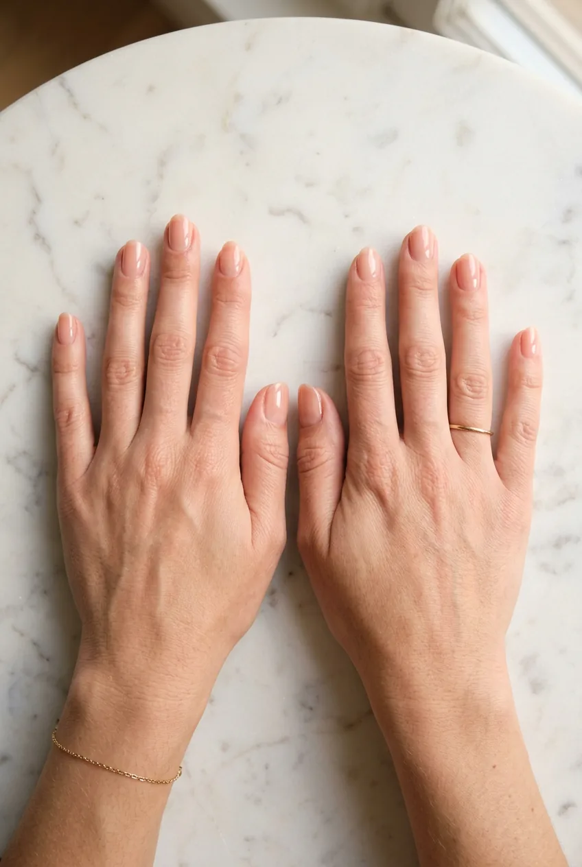 Flat-lay top-down view of ten nails freshly painted with two coats of sheer peachy nude polish on marble