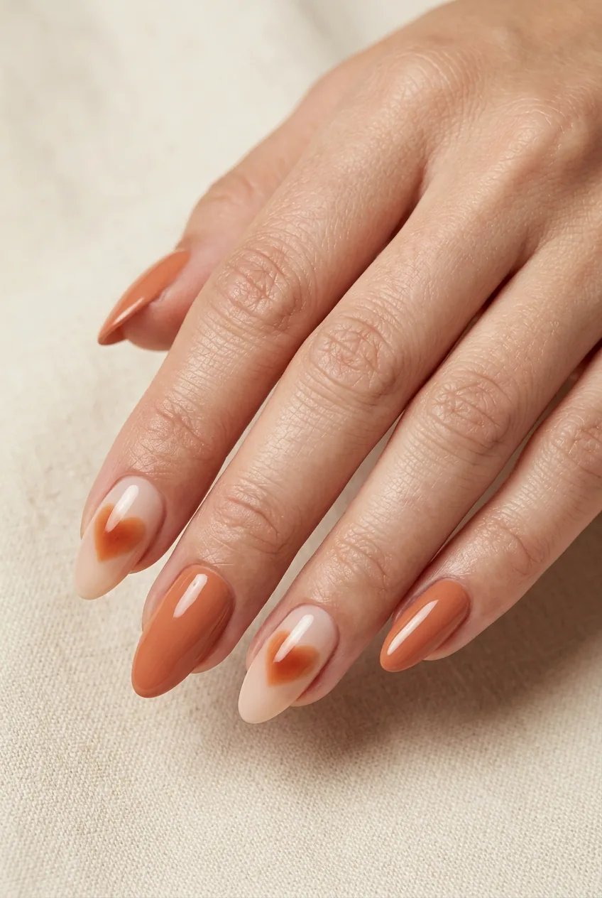 Woman's hand displaying subtle ombré heart design in burnt orange fading to peach gradient within heart shape