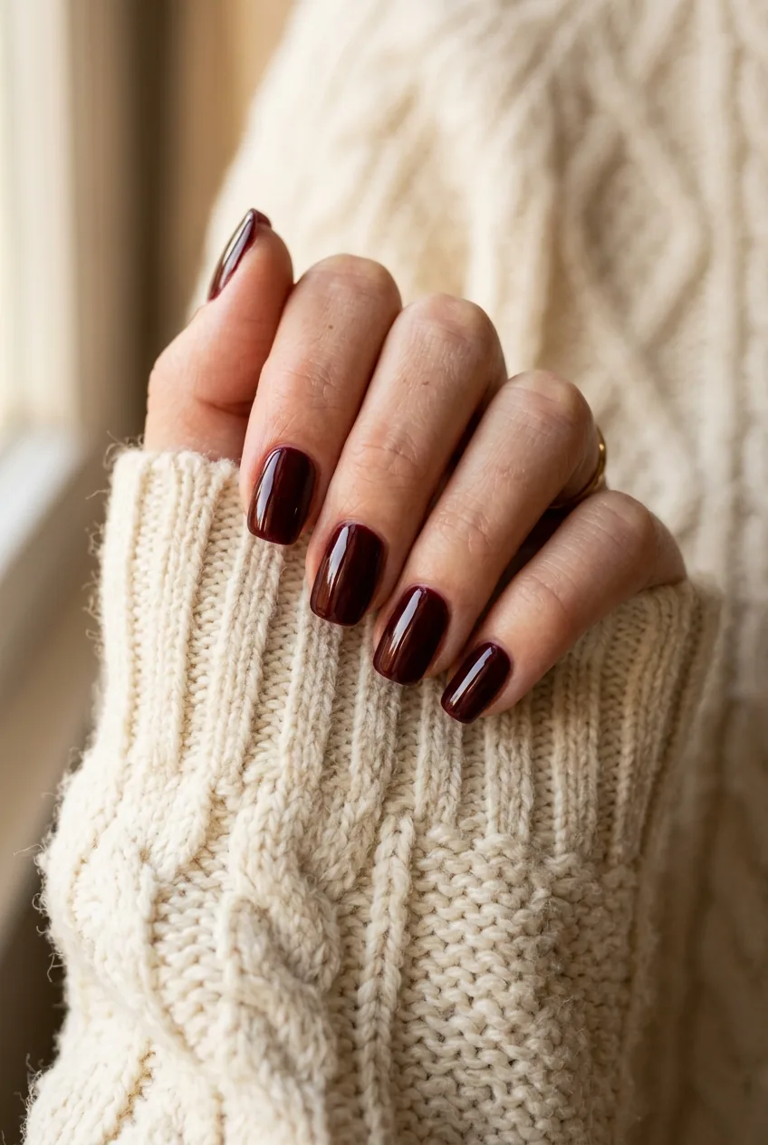 Close-up of hand with deep oxblood high-gloss lacquer nails resting on cream chunky knit sweater in autumn afternoon light