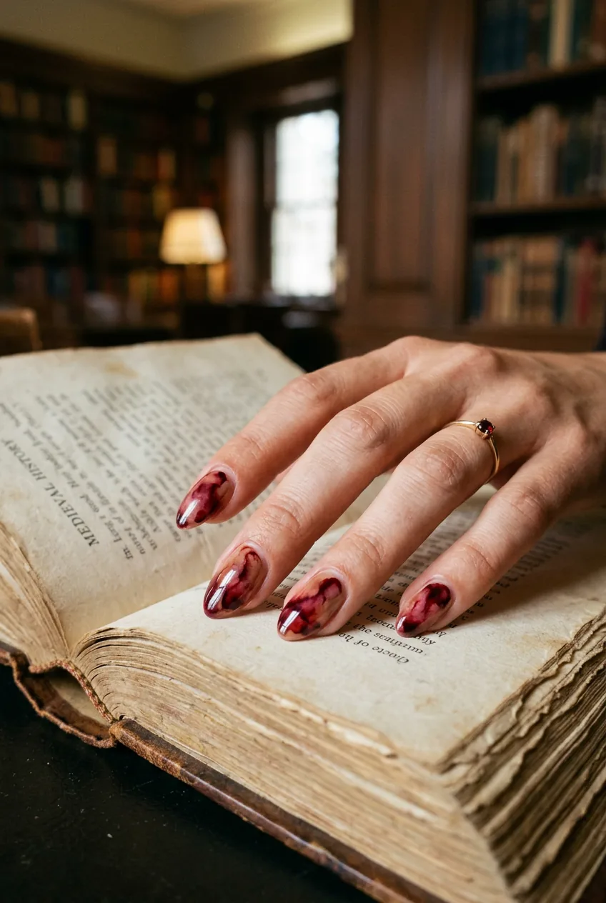 Medium nails painted in ink-wash oxblood and cherry tones resting on an open yellowed-page book in soft atmospheric light