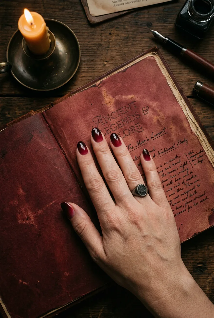 Overhead view of a woman's hand with oxblood ombre nails resting on an open book by candlelight