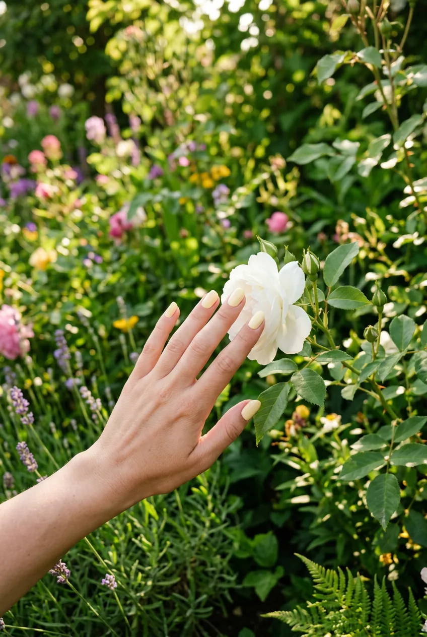 Manicured hand with creamy pale yellow nails gently touching a single white bloom in a flower bed