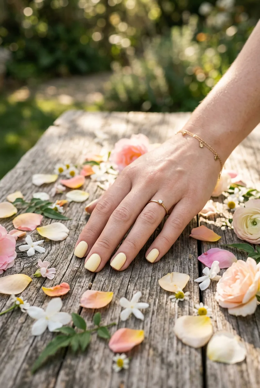 Close-up of a hand with creamy pale yellow nails flat on a wooden surface surrounded by scattered flower petals