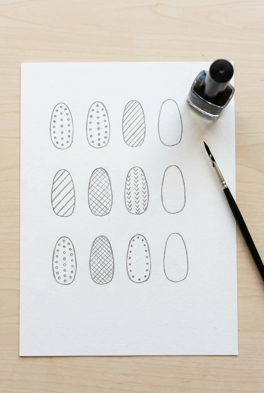 White paper showing multiple nail-shaped practice outlines with dots and line designs sketched inside