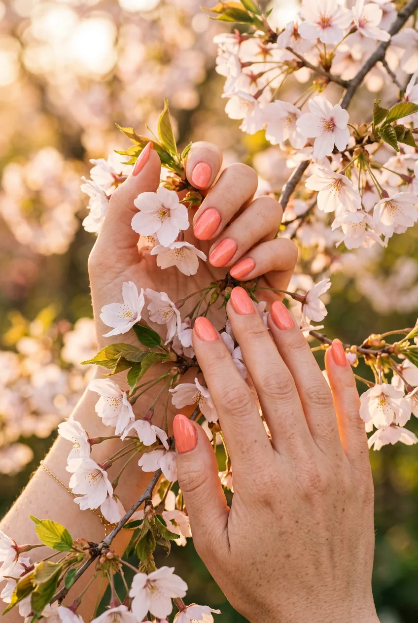 Hands with peachy-coral manicure positioned near blooming cherry blossoms in golden hour lighting