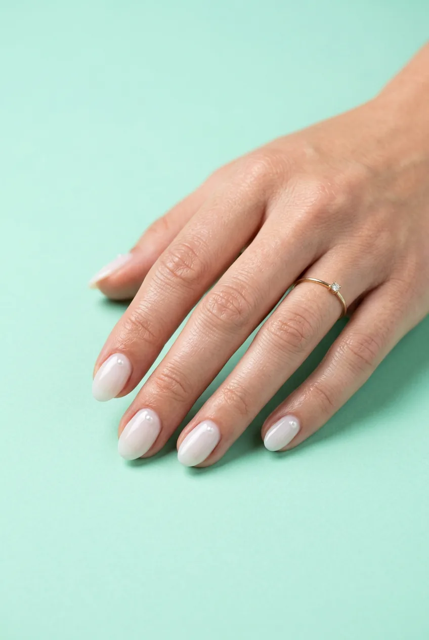 Oval nails with translucent milky white base and tiny embedded pearl detail resting on a mint paper backdrop