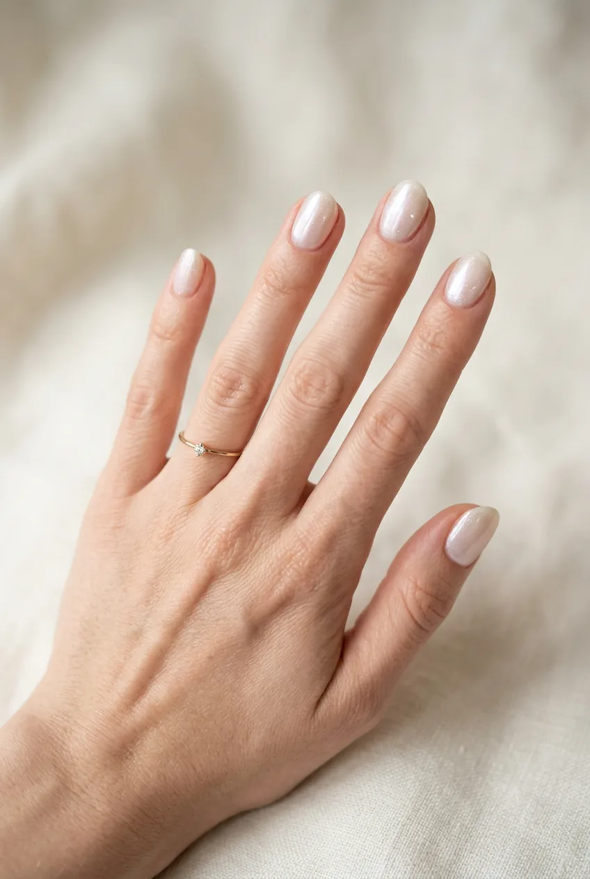 Woman's hand with rounded nails showing pearled finish with subtle shimmer particles catching studio light
