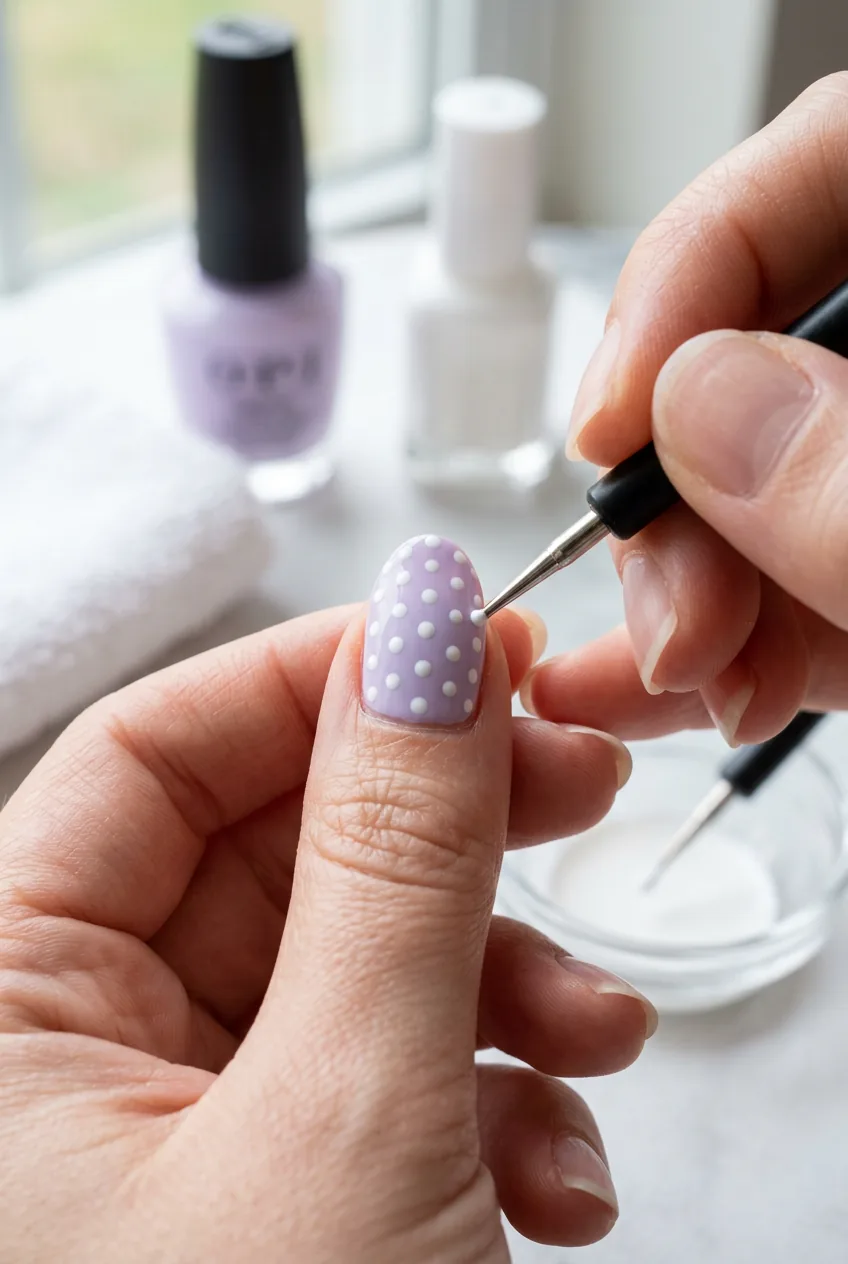 Close-up of nail showing uniform dot pattern being created with dotting tool on pastel base