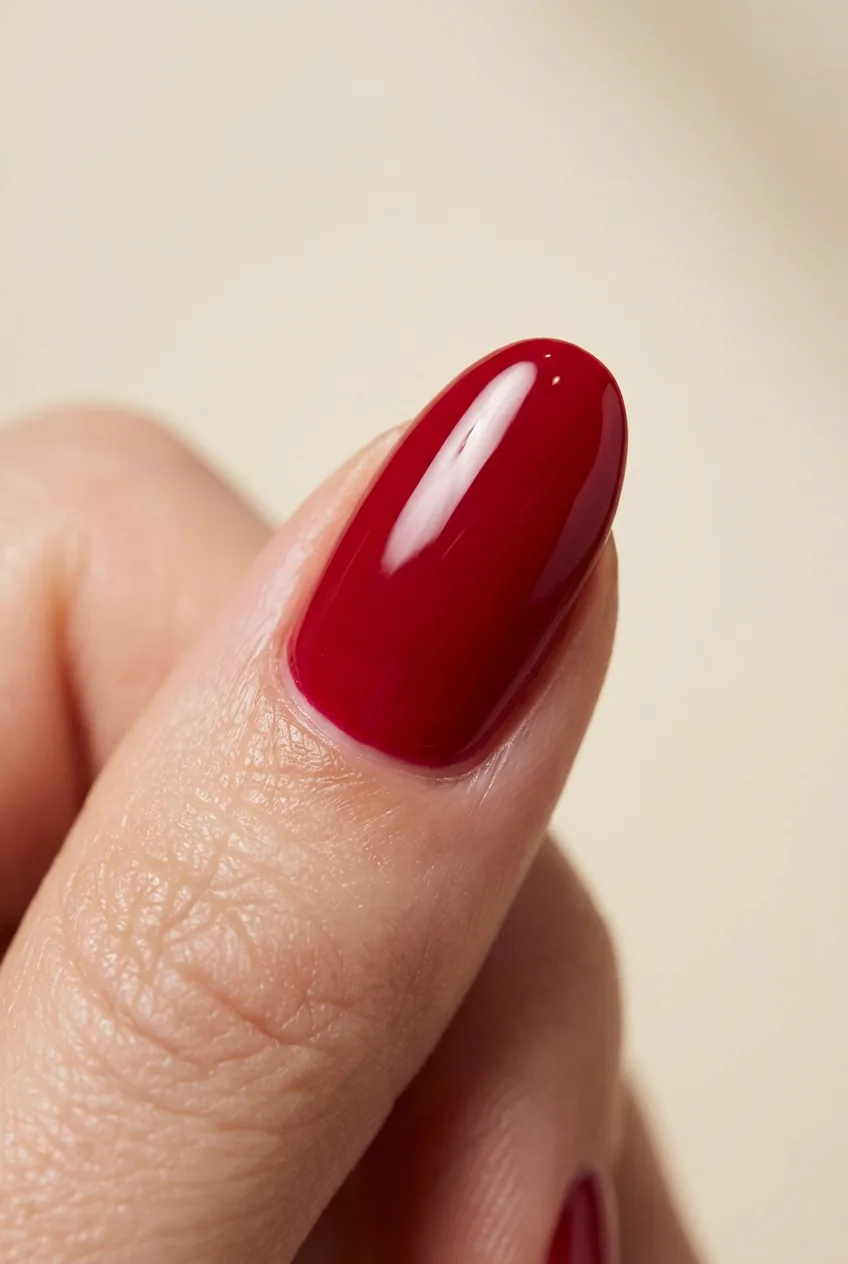 Macro detail shot showing perfect application of glossy red nail polish
