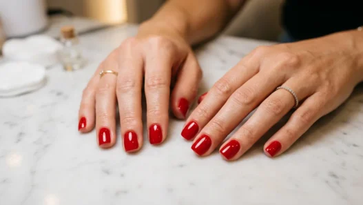 Woman's hands on marble salon table showing perfectly manicured short nails with glossy red polish and professional finish