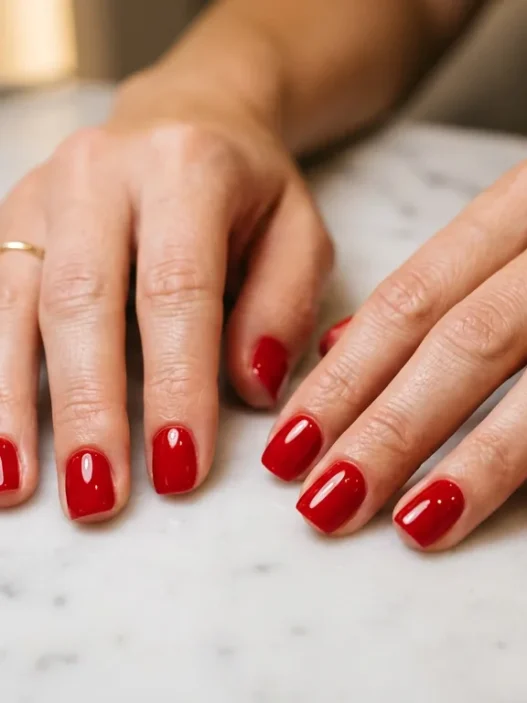 Woman's hands on marble salon table showing perfectly manicured short nails with glossy red polish and professional finish