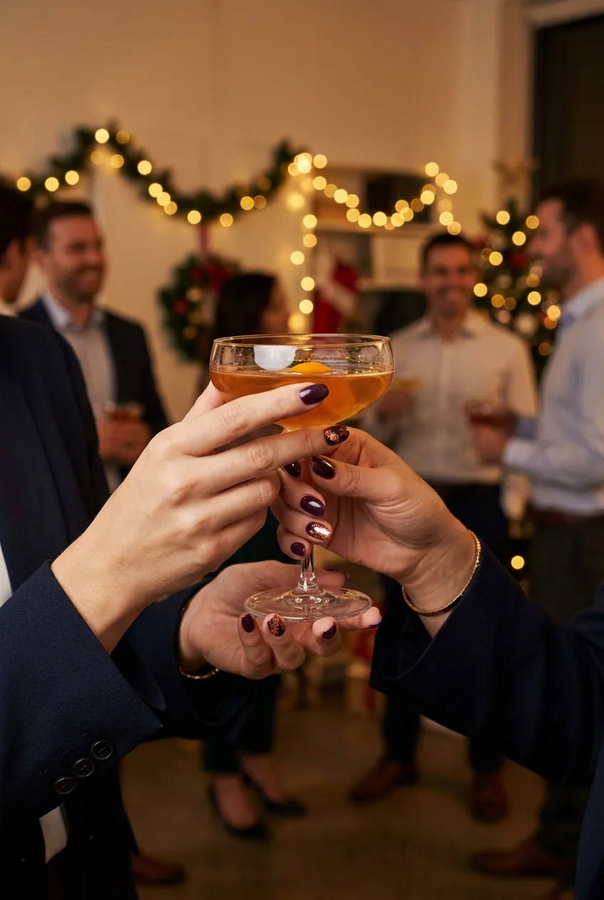 Party hands with rich plum and copper foil nails raising cocktail glass under string lights
