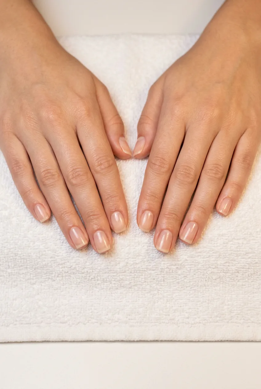 Overhead view of bare freshly filed squoval nails resting on white towel ready for polish application