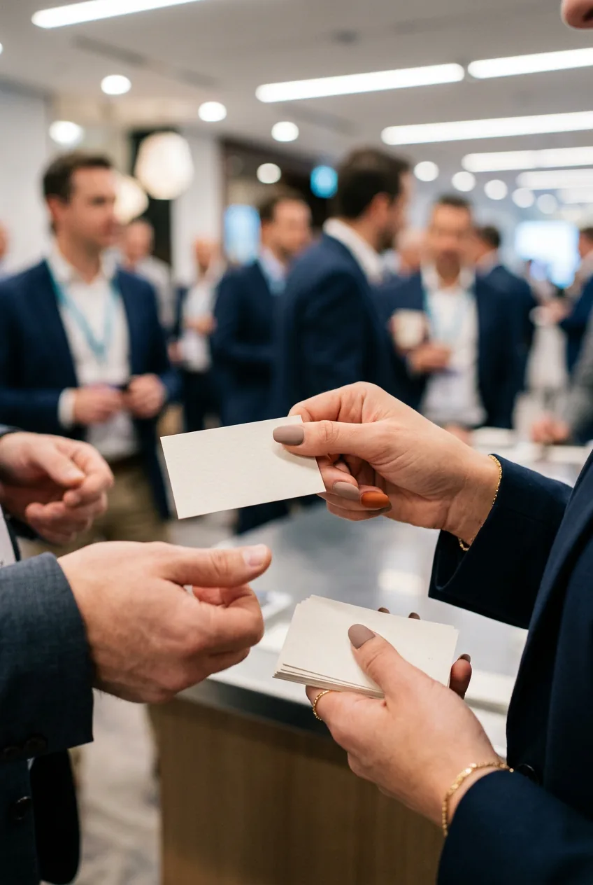 Business hands with matte taupe nails and burnt orange accent holding networking cards under conference lighting