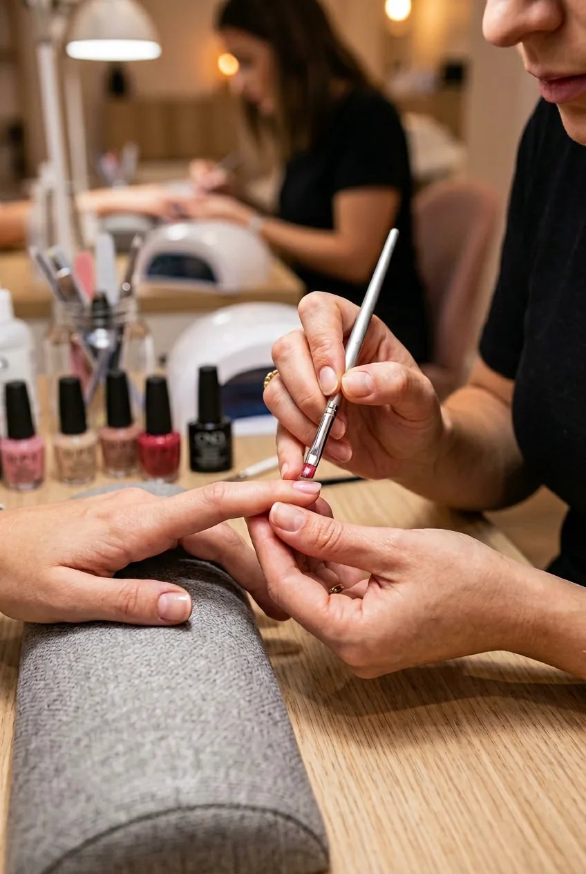 Professional demonstration of correct brush positioning and floating technique for short nail polish application