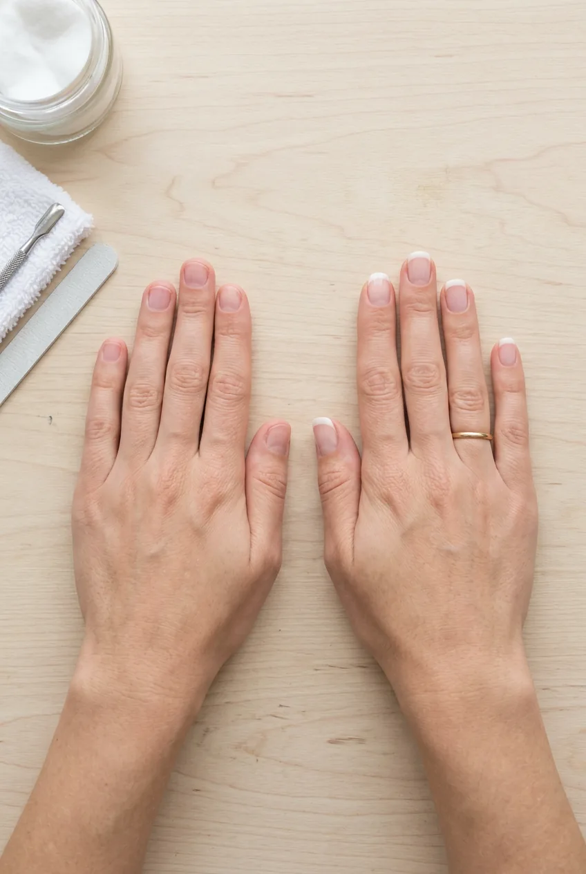 Overhead comparison shot showing proper versus too-short nail length on woman's hands during salon visit