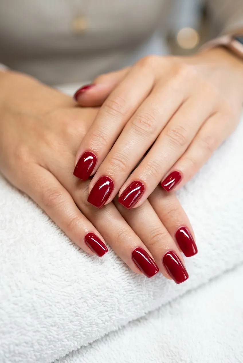 Deep cranberry red Christmas base color freshly applied to woman's fingernails with glossy finish
