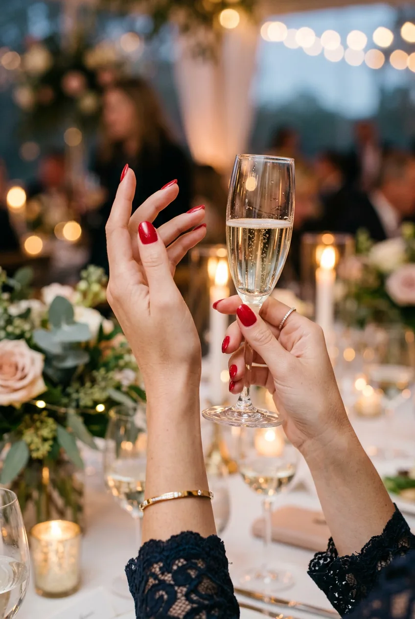Graceful hands with red nails holding champagne flute in celebratory lighting