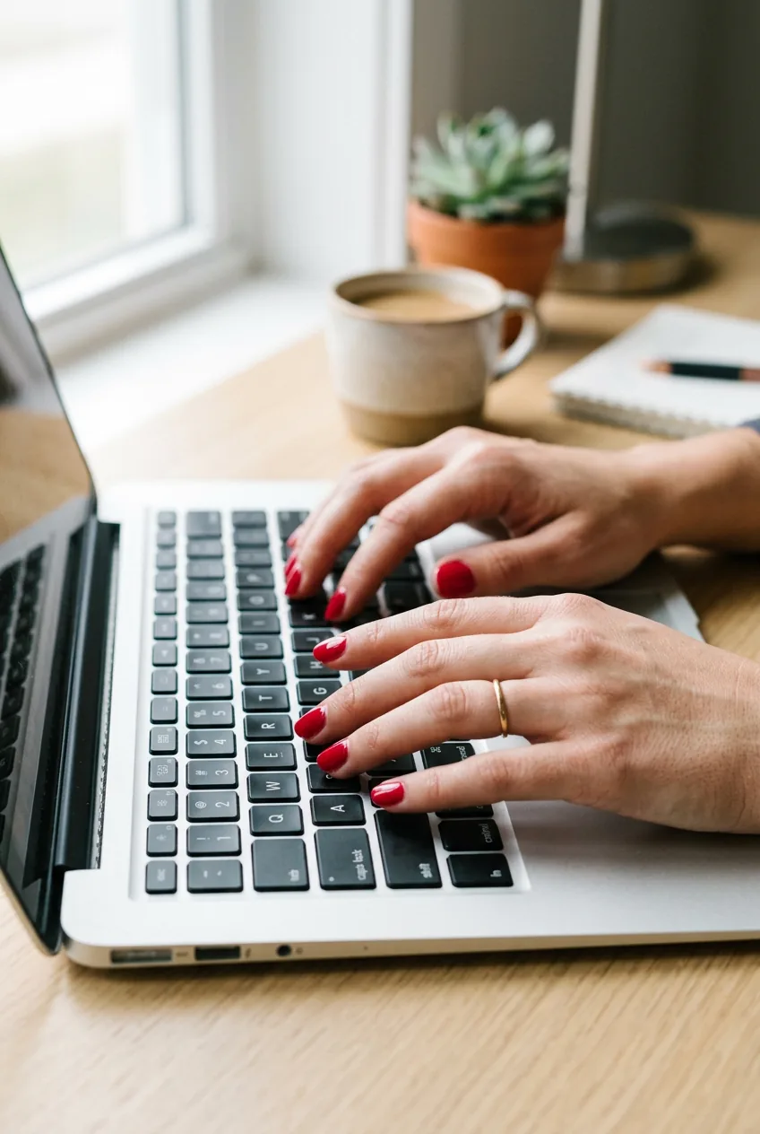 Close-up of hands with glossy red nails typing on modern laptop keyboard