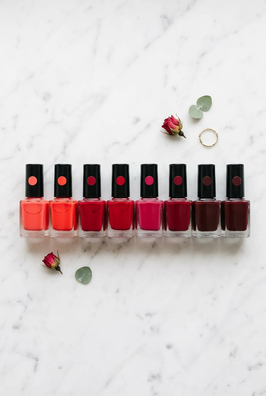 Multiple red nail polish bottles in various shades displayed on white marble surface
