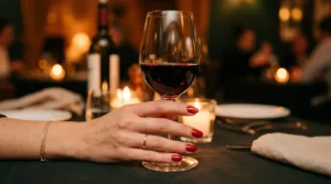 Close-up of a manicured hand holding red wine glass at candlelit restaurant table with warm bokeh lighting