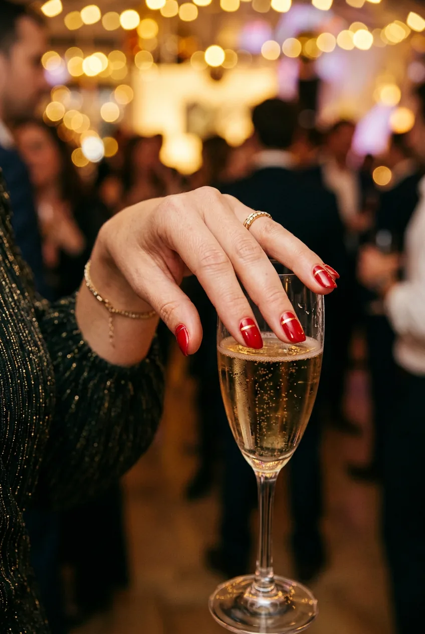 Close-up of a woman's red nails with gold accent line resting on a champagne flute at a celebration