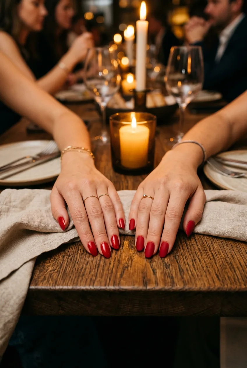 Two women's hands side by side showing high-gloss and matte red nail finishes at a candlelit dinner